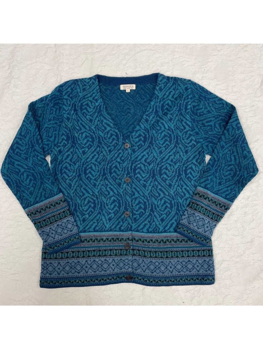 Novica Artisan Alpaca Blend Knit Cardigan Sweater Teal Geometric Pattern XL